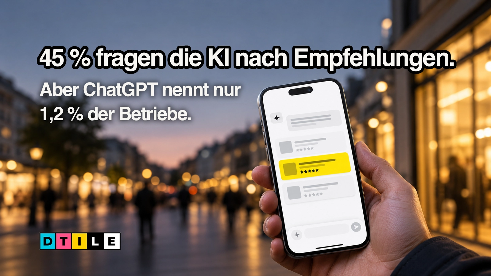 Smartphone mit KI-Chat und 3 Empfehlungs-Kacheln, von denen 1 gelb hervorgehoben ist, Symbolbild für ChatGPT-Empfehlungen lokaler Unternehmen